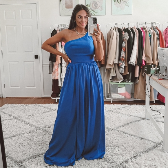 White by Vera Wang Blue One Shoulder satin maxi dress Gown Size 6 - Picture 2 of 10